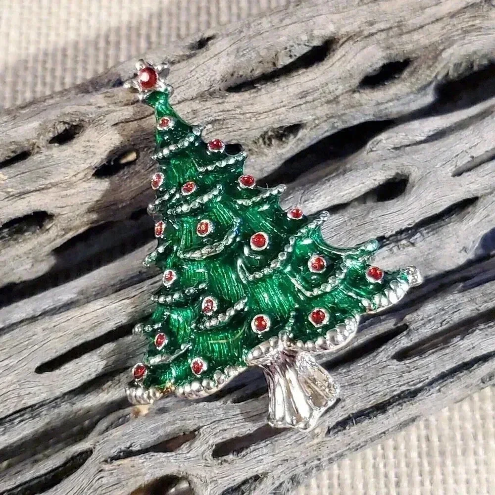 Y2K 90s Red Green Silver Enamel Christmas Holiday Tree Brooch Sweater Pin